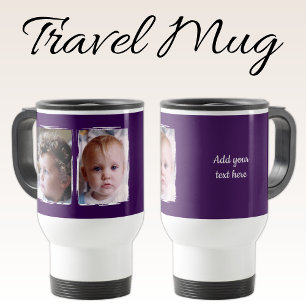 2 photo custom text white purple travel mug