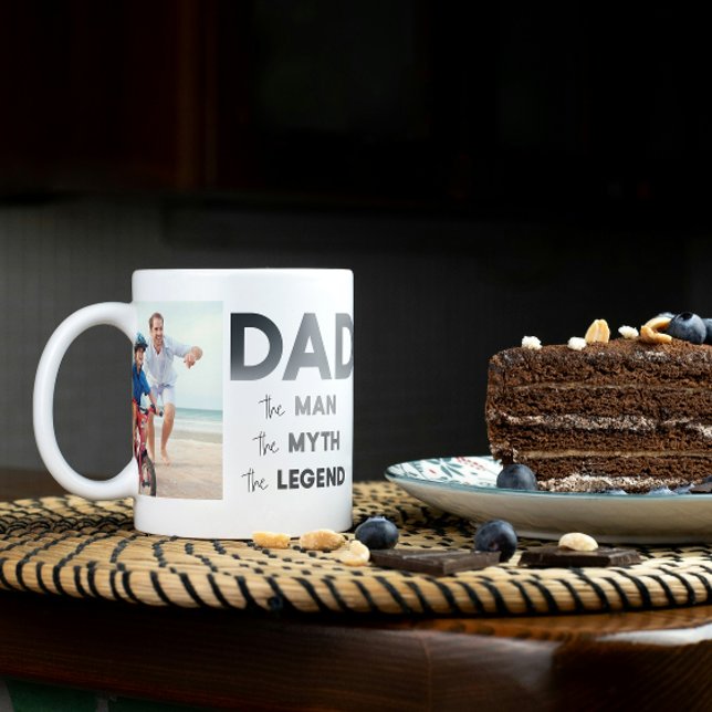 2 Photo DAD The Man Myth Legend Modern Typography Coffee Mug (Easily personalize this DAD the man, myth legend mug with your photos for a unique Father's Day gift)
