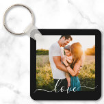 2 Photo Double Sided Template Love Text Metal Key Ring<br><div class="desc">Fully customisable 2 photo template double sided love text metal keychain on black.</div>