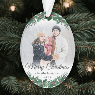 2 Photo Elegant Holly Greenery Merry Christmas Ornament