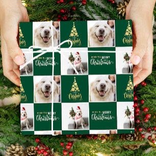 2 Photo Elegant Merry Christmas Gold Green Wrapping Paper