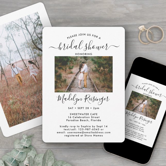 2 Photo Elegant Modern Calligraphy Bridal Shower Invitation (Creator Uploaded)