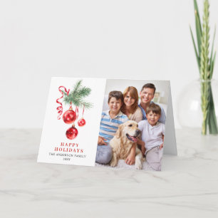 2 PHOTO Elegant Red Ornament Christmas Greeting Holiday Card