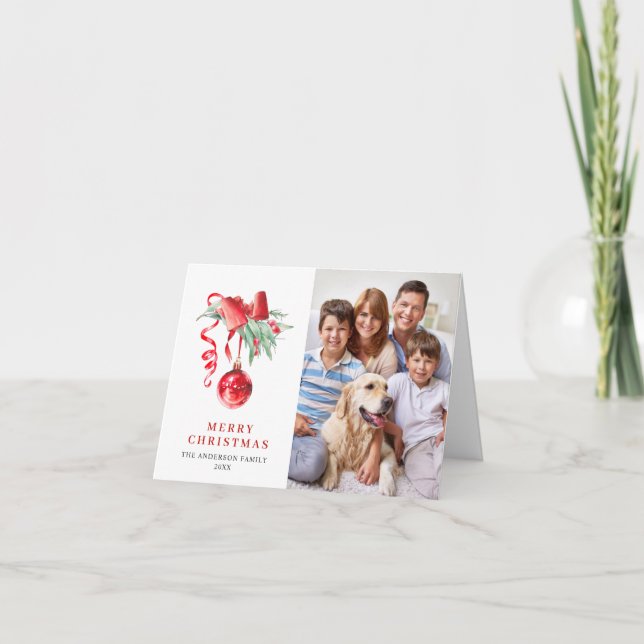 2 PHOTO Elegant Red Ornament Christmas Greeting Holiday Card (Front)