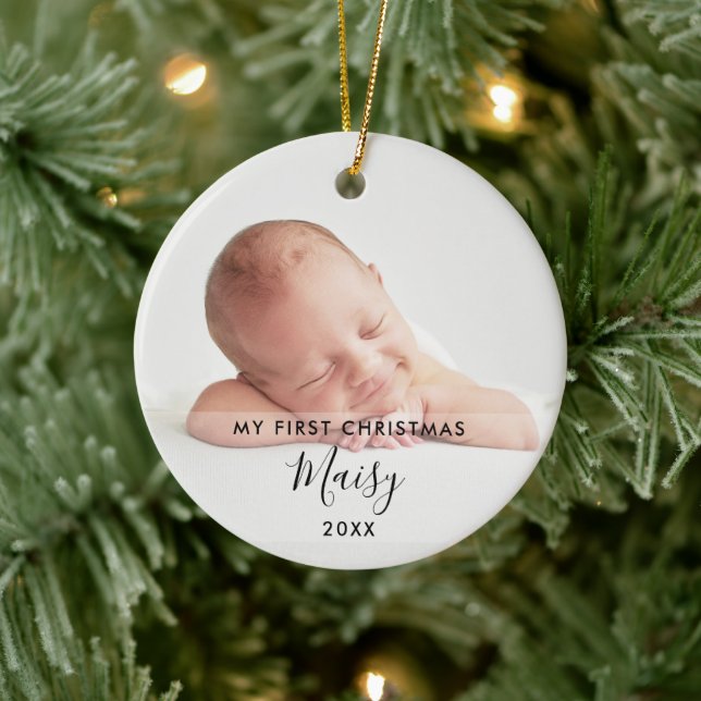 2 Photo Elegant Script Baby My First Christmas  Ceramic Tree Decoration (Tree)