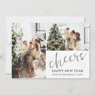 2 Photo Elegant Script Modern Happy New Year Holiday Card