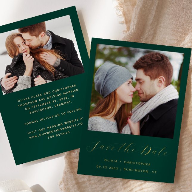 2-Photo Emerald Green Gold Script Save the Date (Creator Uploaded)
