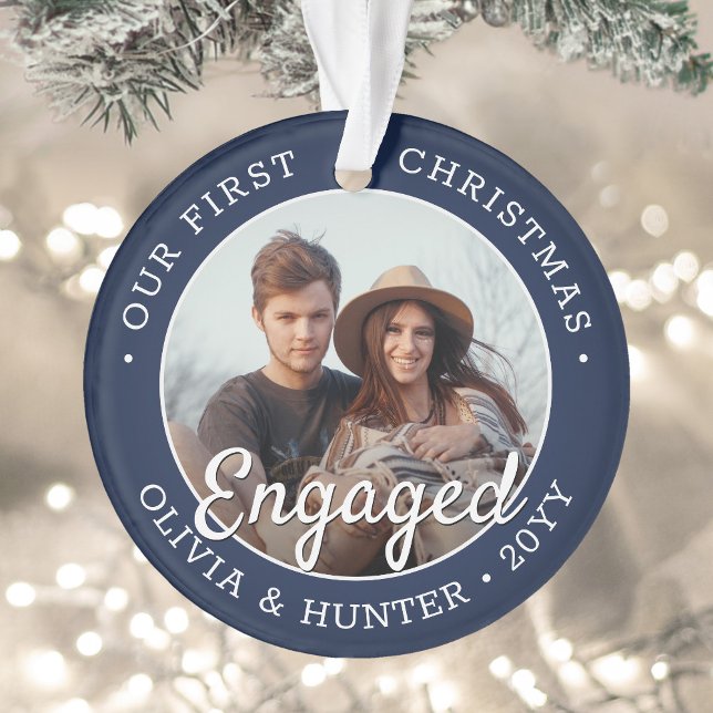 2 Photo Engagement 1st Christmas Navy Blue & White Ornament (Creator Uploaded)