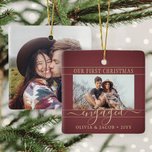 2 Photo Engagement First Christmas Burgundy & Gold Ceramic Ornament