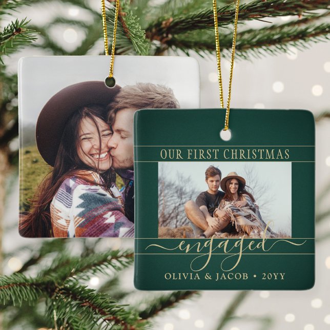 2 Photo Engagement First Christmas Green and Gold Ceramic Ornament (Creator Uploaded)