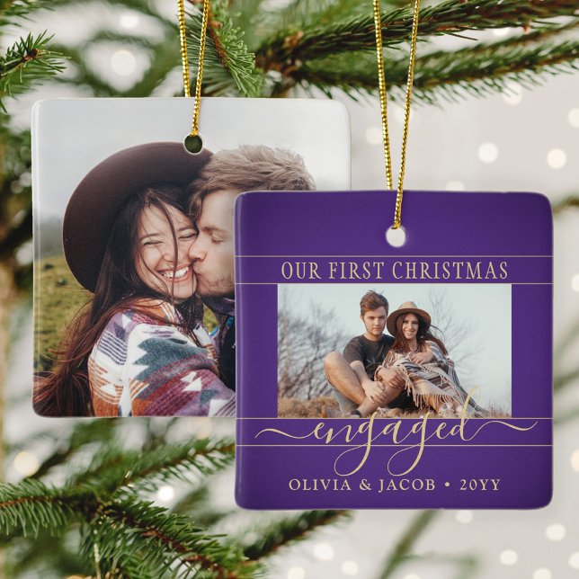 2 Photo Engagement First Christmas Purple and Gold Ceramic Ornament (Creator Uploaded)