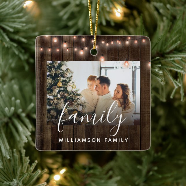 2 Photo Family Wood and Lights Holiday  Ceramic Ornament (Tree)