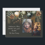 2 Photo Festive Elegant Greenery  Holiday Card<br><div class="desc">This 2 photo Christmas card features a festive watercolor evergreen design on a dark green background. Easily customise this using the personalisation feature.</div>