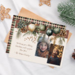 2 Photo Festive Greenery  Holiday Card<br><div class="desc">This 2 photo Christmas card features a festive watercolor evergreen design on a neutral background. plaid on the back side makes these classic. Easily customise this using the personalisation feature, </div>