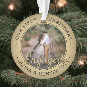 2 Photo First Christmas Engaged Black & Faux Gold Ornament