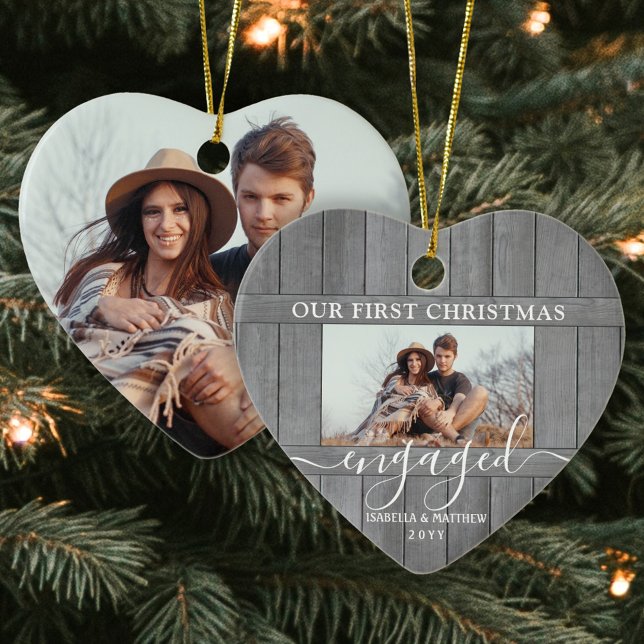 2 Photo First Christmas Engaged Faux Wood Heart Ceramic Tree Decoration (Creator Uploaded)