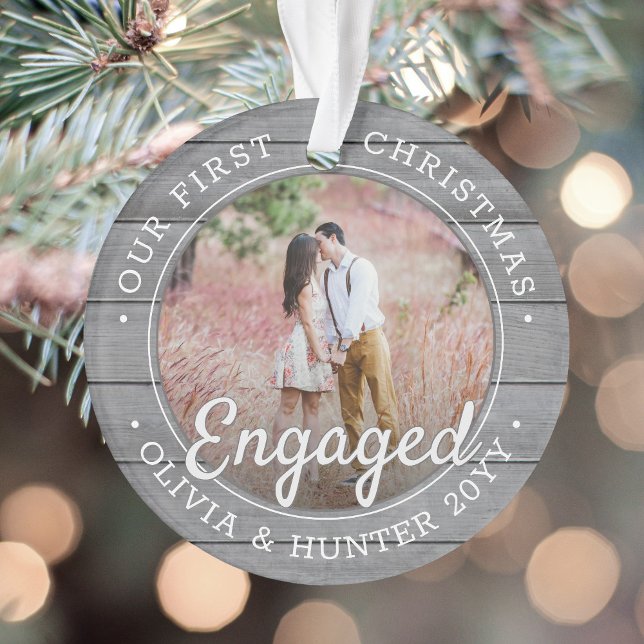 2 Photo First Christmas Engaged Grey Faux Wood Ornament (Creator Uploaded)