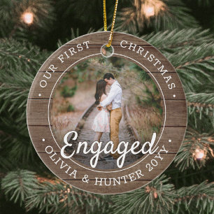 2 Photo First Christmas Engaged Rustic Faux Wood Ceramic Tree Decoration