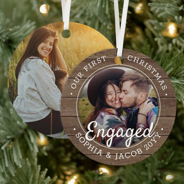 2 Photo First Christmas Engaged Rustic Faux Wood Metal Tree Decoration (Creator Uploaded)