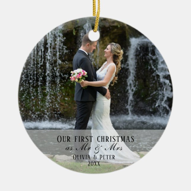 2 Photo First Christmas Married as Mr. & Mrs. Ceramic Tree Decoration (Front)