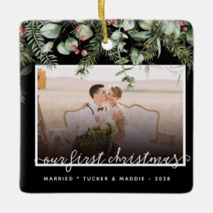 2 Photo First Christmas Married Winter Greenery  Ceramic Ornament
