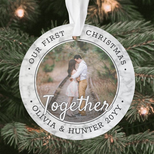 2 Photo First Christmas Together Faux Marble Round Ornament (Creator Uploaded)