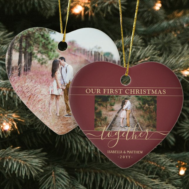 2 Photo First Christmas Together Red & Gold Heart Ceramic Tree Decoration (Creator Uploaded)