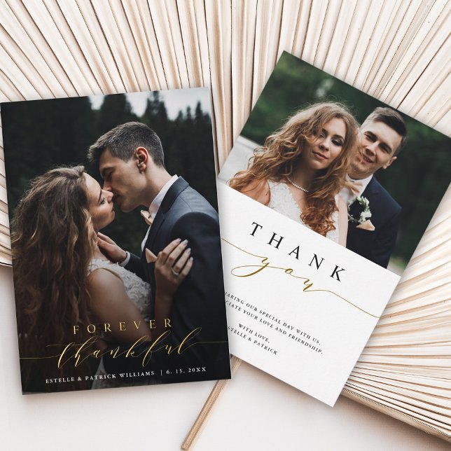 2 Photo Forever Thankful Gold Foil Thank You Card (Front & Back)
