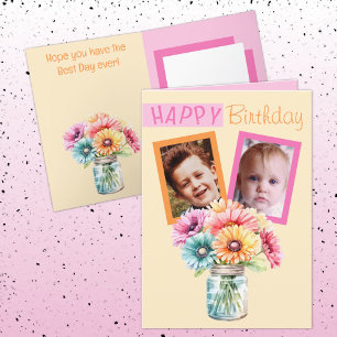 2 photo gerbera orange pink birthday card