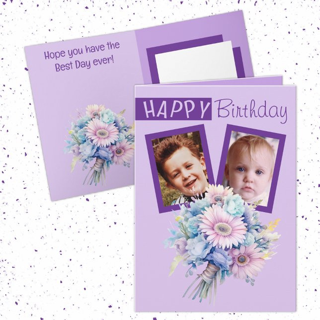 2 photo gerbera purple birthday card (Creator Uploaded)