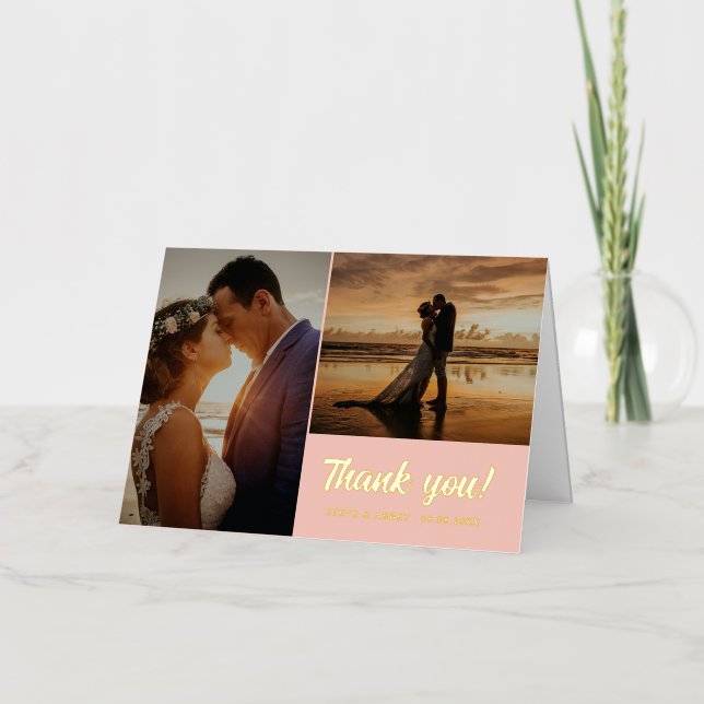 2 Photo Gold Blush Wedding Thank You Foil Greeting Card (Front)