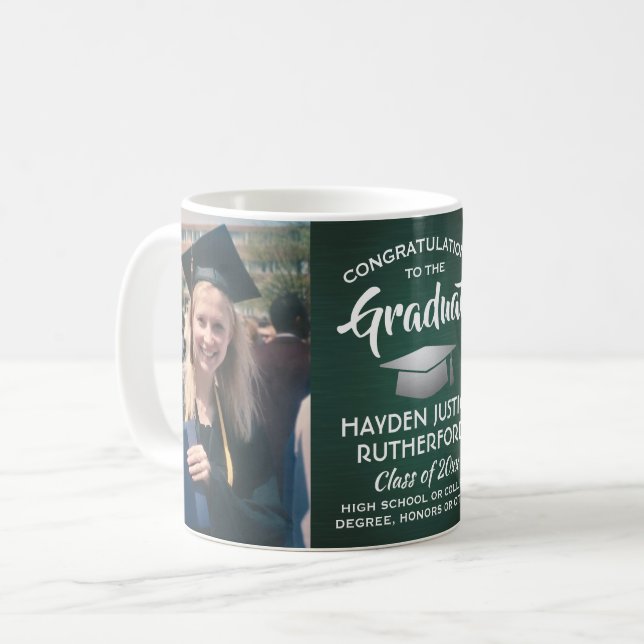 2 Photo Graduation Brushed Dark Green White Silver Coffee Mug (Front Left)