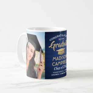 2 Photo Graduation Brushed Navy Blue Gold & White Coffee Mug