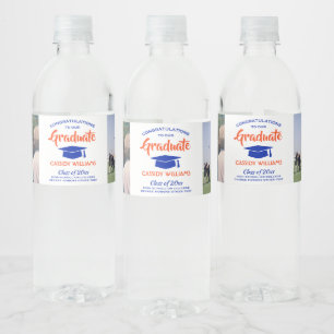 2 Photo Graduation Congrats Modern Orange and Blue Water Bottle Label