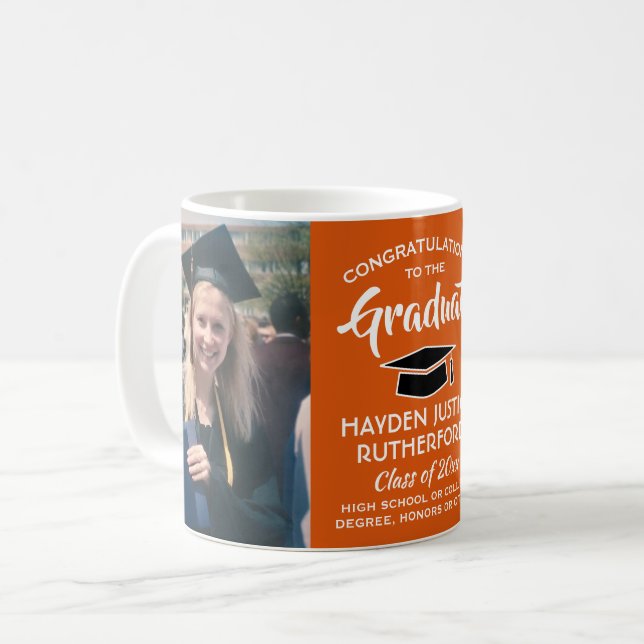 2 Photo Graduation Congrats Orange Black and White Coffee Mug (Front Left)