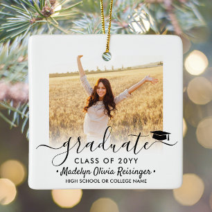 2 Photo Graduation Elegant Black Script Class Year Ceramic Ornament