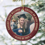 2 Photo Graduation Elegant Brushed Burgundy & Gold Ceramic Tree Decoration<br><div class="desc">Commemorate the graduate's achievement with an elegant burgundy and gold custom two photo round graduation Christmas ornament. Pictures and all text are simple to customise and can be different on front and back. (IMAGE & TEXT DESIGN TIPS: 1) To adjust position of wording, add spaces at beginning or end. 2)...</div>