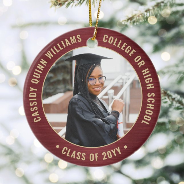 2 Photo Graduation Elegant Brushed Burgundy & Gold Ceramic Tree Decoration (Creator Uploaded)