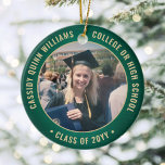 2 Photo Graduation Elegant Brushed Green and Gold Ceramic Tree Decoration<br><div class="desc">Commemorate the graduate's achievement with an elegant green and gold custom two photo round graduation Christmas ornament. Pictures and all text are simple to customize and can be different on front and back. (IMAGE & TEXT DESIGN TIPS: 1) To adjust position of wording, add spaces at beginning or end. 2)...</div>
