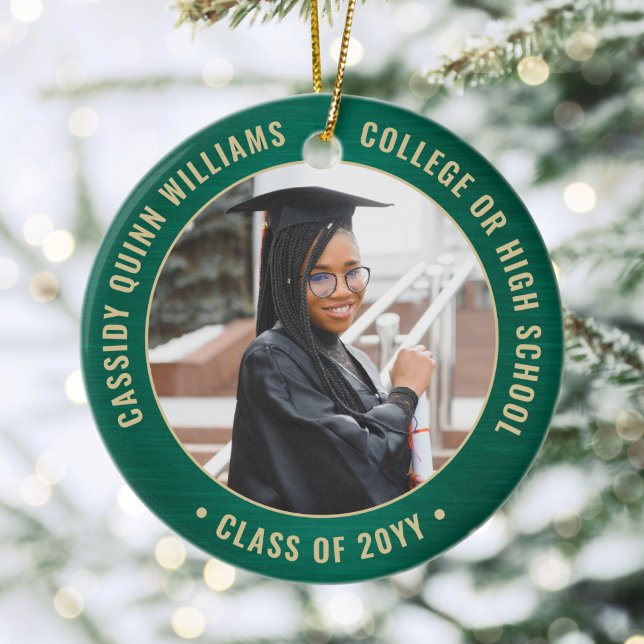 2 Photo Graduation Elegant Brushed Green and Gold Ceramic Tree Decoration (Creator Uploaded)