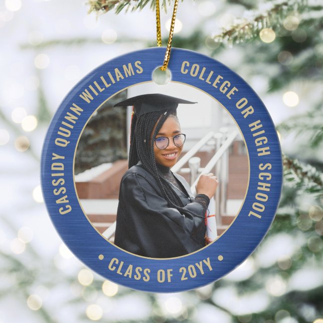 2 Photo Graduation Elegant Brushed Royal Blue Gold Ceramic Tree Decoration (Creator Uploaded)