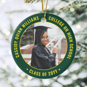2 Photo Graduation Elegant Green and Gold Ceramic Tree Decoration