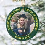 2 Photo Graduation Elegant Green Gold Yellow Ceramic Tree Decoration<br><div class="desc">Commemorate the graduate's achievement with an elegant green and gold yellow custom two photo round graduation Christmas ornament. Pictures and all text are simple to customise and can be different on front and back. (IMAGE & TEXT DESIGN TIPS: 1) To adjust position of wording, add spaces at beginning or end....</div>