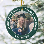 2 Photo Graduation Elegant Modern Green and White Ceramic Tree Decoration<br><div class="desc">Commemorate the graduate's achievement with an elegant green and white custom two photo round graduation Christmas ornament. Pictures and all text are simple to customise and can be different on front and back. (IMAGE & TEXT DESIGN TIPS: 1) To adjust position of wording, add spaces at beginning or end. 2)...</div>