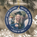 2 Photo Graduation Elegant Modern Navy Blue White Ceramic Tree Decoration<br><div class="desc">Commemorate the graduate's achievement with an elegant navy blue and white custom two photo round graduation Christmas ornament. Pictures and all text are simple to customize and can be different on front and back. (IMAGE & TEXT DESIGN TIPS: 1) To adjust position of wording, add spaces at beginning or end....</div>