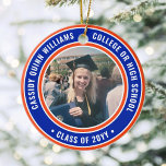 2 Photo Graduation Elegant Modern Orange and Blue Ceramic Tree Decoration<br><div class="desc">Commemorate the graduate's achievement with a custom two photo orange and blue round graduation Christmas ornament. Pictures and all text are simple to customise and can be different on front and back.(IMAGE & TEXT DESIGN TIPS: 1) To adjust position of wording, add spaces at beginning or end. 2) To centre...</div>