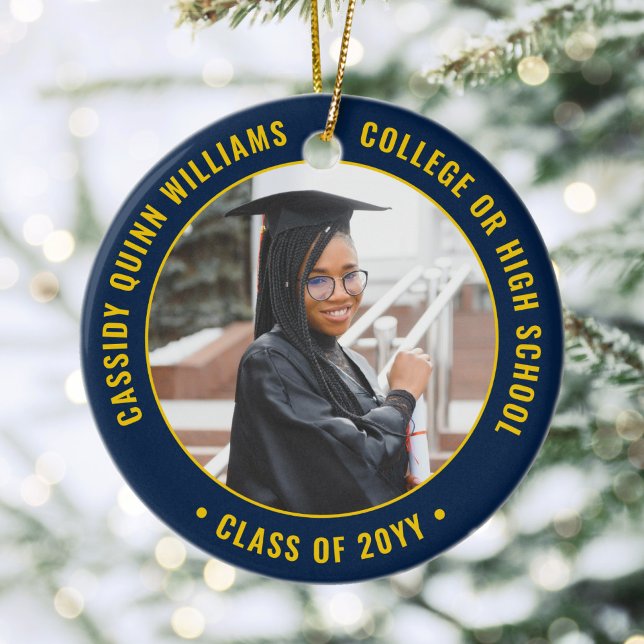 2 Photo Graduation Elegant Navy Blue and Gold Ceramic Tree Decoration (Creator Uploaded)