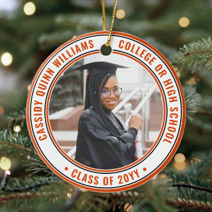 2 Photo Graduation Elegant Orange Black and White Ceramic Tree Decoration