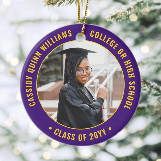 2 Photo Graduation Elegant Purple and Gold Ceramic Tree Decoration (Creator Uploaded)
