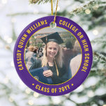 2 Photo Graduation Elegant Purple Gold Yellow Ceramic Tree Decoration<br><div class="desc">Commemorate the graduate's achievement with an elegant purple and gold yellow custom two photo round graduation Christmas ornament. Pictures and all text are simple to customize and can be different on front and back.(IMAGE & TEXT DESIGN TIPS: 1) To adjust position of wording, add spaces at beginning or end. 2)...</div>